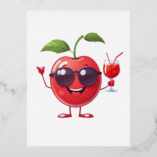 Cherry Fun Cheerful Vacation Tropical Drink Party Foil Holiday Postcard