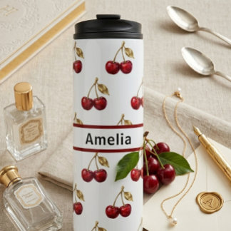 Cherry & Golden Leaves Custom Name Design Gift Thermal Tumbler