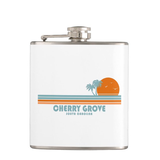 Cherry Grove Beach South Carolina Sun Palm Trees Hip Flask (Front)