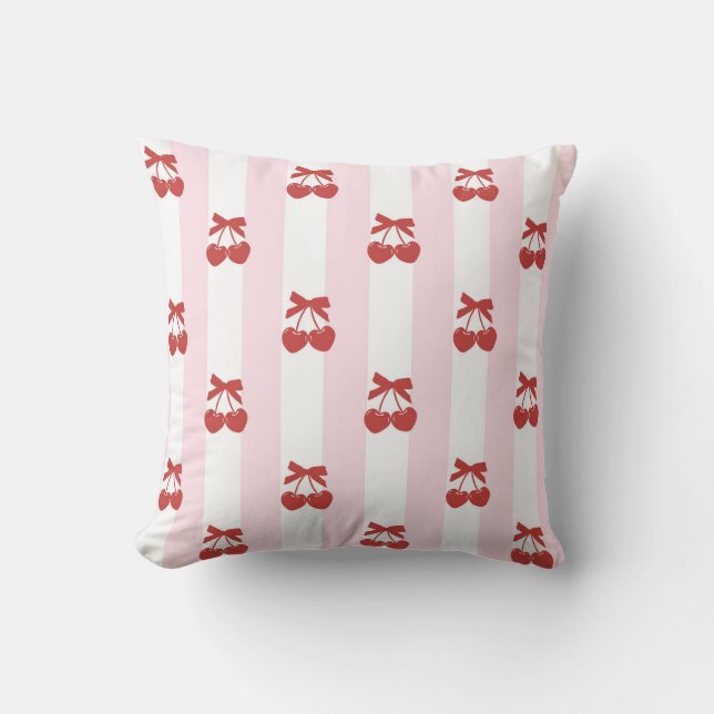 Cherry Heart Pattern on Pink and White Stripes. Cushion (Front)