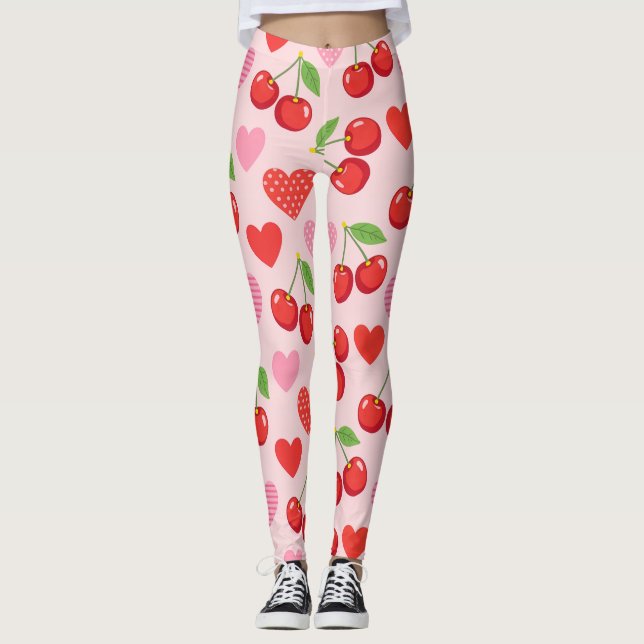 Cherry & Heart Seamless Pattern Leggings (Front)