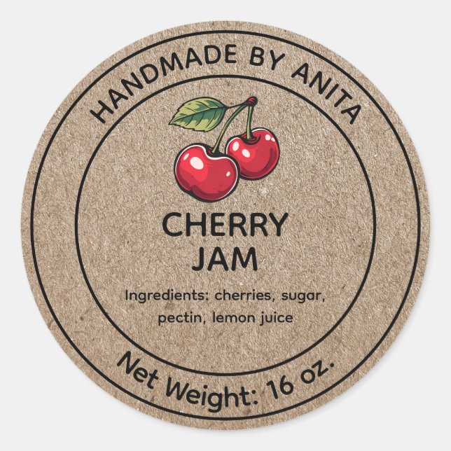 Cherry Jam Jelly Jar Label Kraft Paper Style (Front)