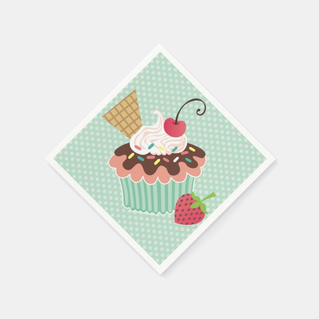 Cherry & Mint Birthday Cupcake Birthday Napkins (Corner)