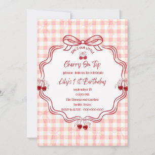 Cherry On Top 1st Birthday Invitation Pink Gingh