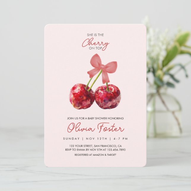 Cherry on Top Baby Girl Shower Invitation  (Standing Front)