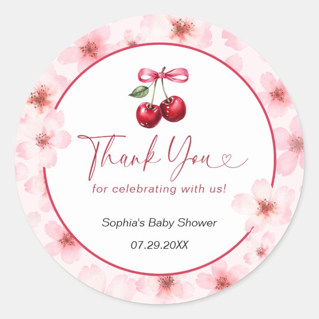 Cherry On Top Baby Shower Cherry Blossom Thank You Classic Round Sticker (Front)