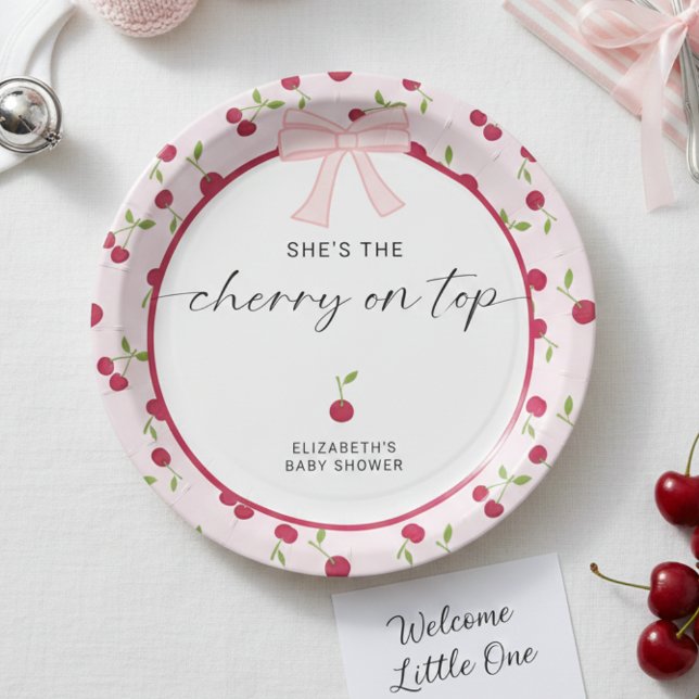 Cherry On Top Baby Shower Coquette Pink Cute Paper Plate (Creator Uploaded)