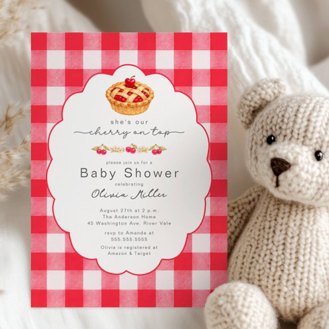 Cherry on Top Baby Shower Gingham Invite (Creator Uploaded)