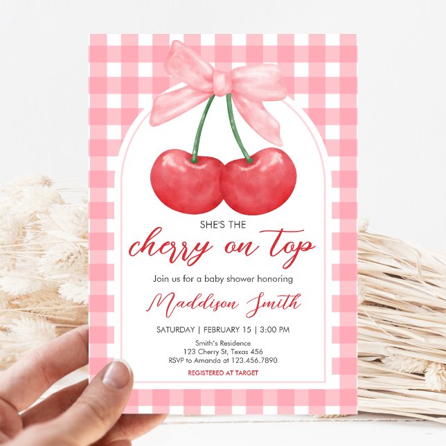 Cherry on Top Baby Shower Invitation (Gingham Cherry Baby Shower Invitation)