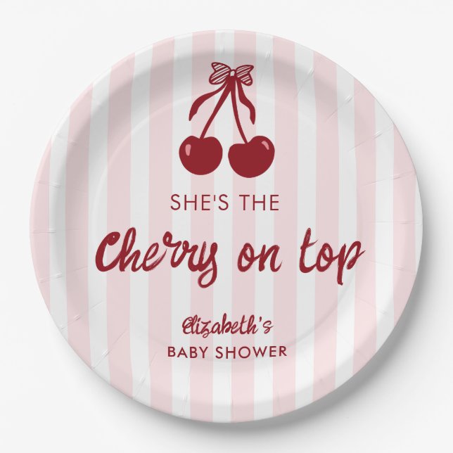 Cherry on Top Baby Shower Pink Stripes Coquette Paper Plate (Front)