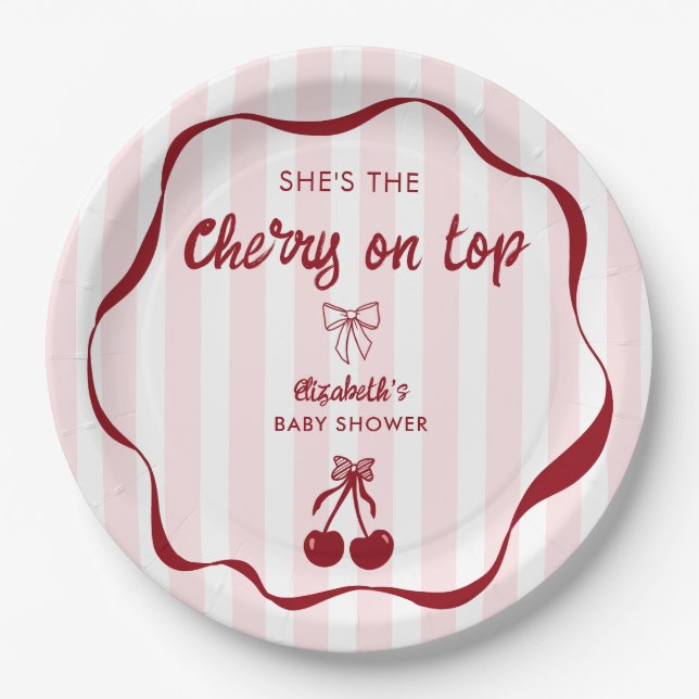 Cherry on Top Baby Shower Pink Stripes Coquette Paper Plate (Front)