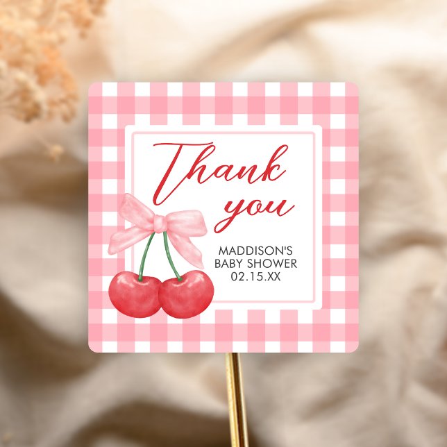 Cherry on Top Baby Shower Square Sticker (Gingham Cherry Baby Shower Sticker)