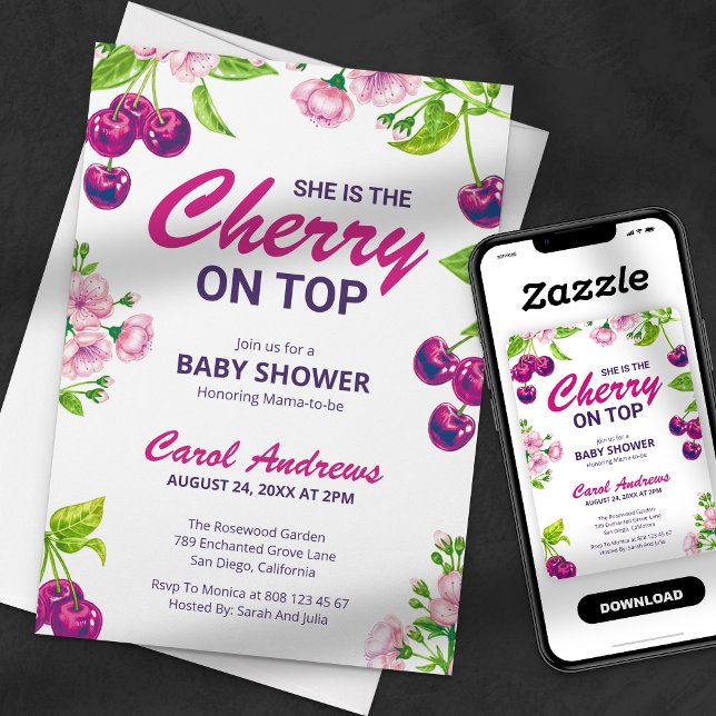 Cherry on Top Baby Shower Watercolor Blossom Invitation (Creator Uploaded)