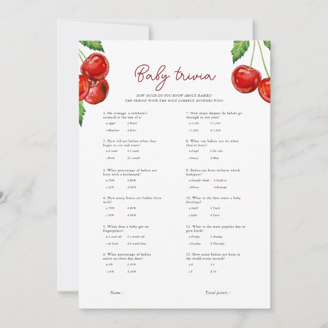 Cherry on top Baby Trivia Baby Shower Game Card (Front)