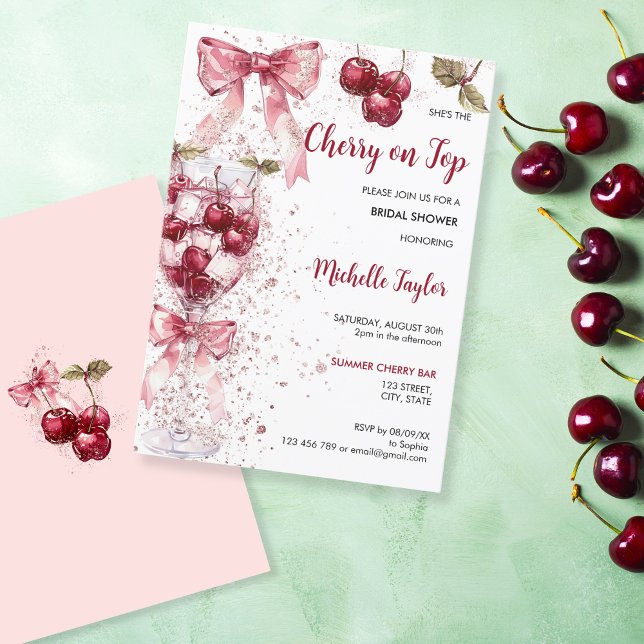 Cherry on Top Bow Cocktail Summer Bridal Shower Invitation (watercolor cherries with bow)