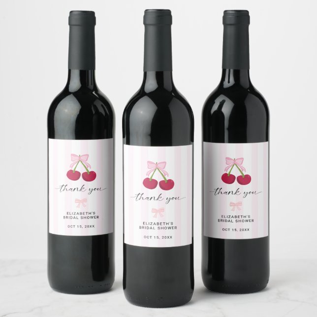 Cherry On Top Bridal Shower Coquette Bow Stripes Wine Label (Bottles)