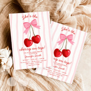 Cherry On Top Bridal Shower Cute Pink Red Bow Invitation