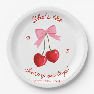 Cherry On Top Bridal Shower Cute Pink Red Bow Paper Plate