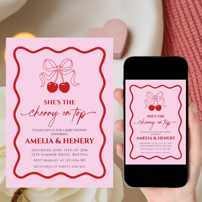 Cherry on Top Cherry  Bow Girl  Baby Shower Invitation (Creator Uploaded)