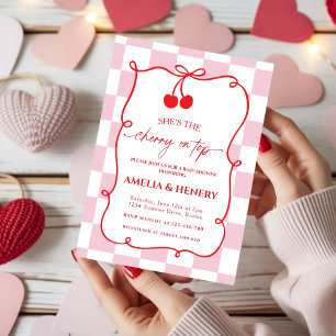 Cherry on Top Cherry Bow Girl Baby Shower Invitation