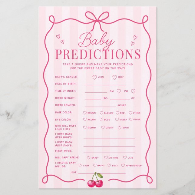 Cherry On Top Coquette Baby Predictions Game  (Front)