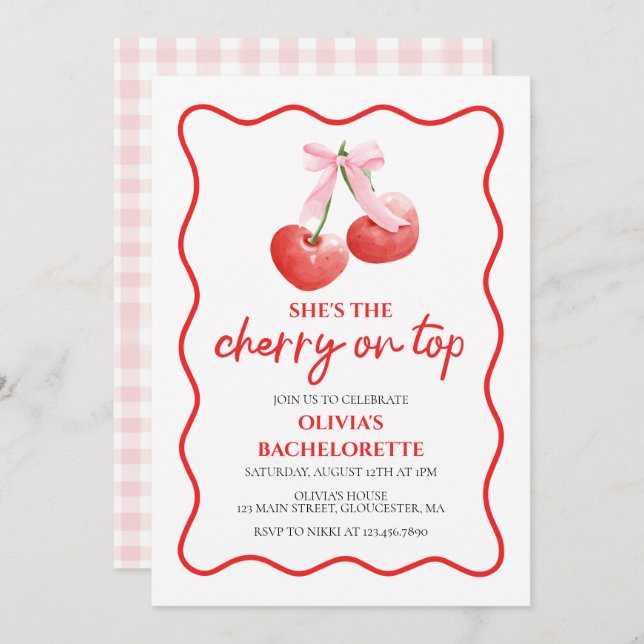 Cherry on Top coquette bachelorette party Invitation (Front/Back)