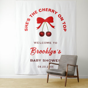 Cherry On Top Coquette Bow Baby Shower Backdrop Tapestry