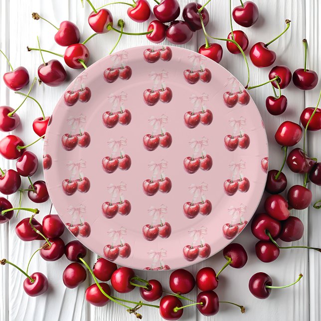 Cherry On Top Coquette Bow Baby Shower Paper Plate (Creator Uploaded)