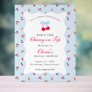 Cherry on Top Coquette Bow Gingham Baby Shower  Acrylic Sign