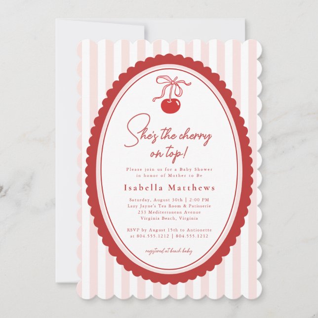 Cherry on Top Coquette Bow Pink Baby Shower  Invitation (Front)
