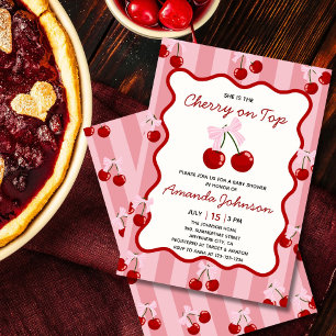 Cherry On Top Coquette Bow Pink Girl Baby Shower  Invitation