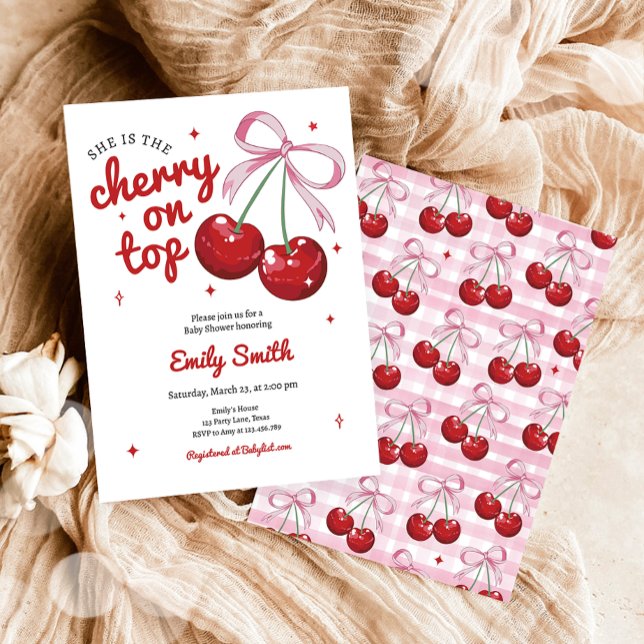 Cherry On Top Coquette Bow Pink Girl Baby Shower Invitation (Creator Uploaded)