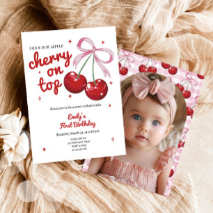 Cherry On Top Coquette Bow Pink Girl Birthday Invitation