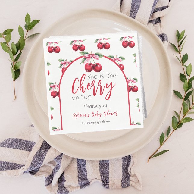 Cherry on Top Coquette Pink Bow Baby Shower Napkin (Creator Uploaded)
