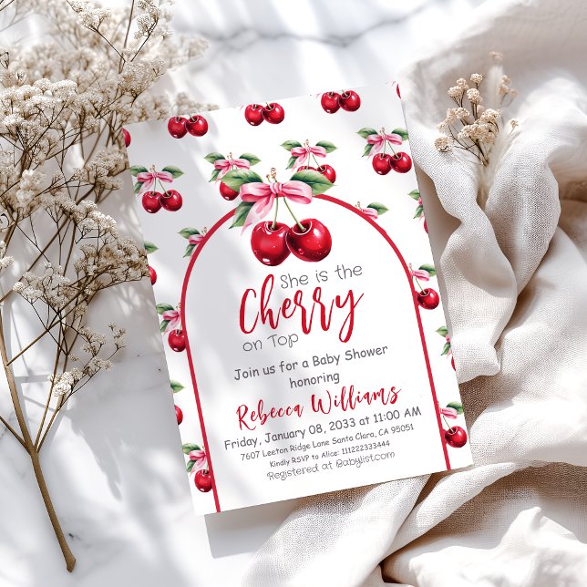 Cherry on Top Coquette Pink Bow Girl Baby Shower Invitation (Creator Uploaded)