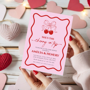 Cherry on Top doodle Bow Girl Baby Shower Invitation