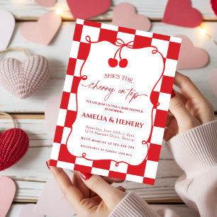 Cherry on Top Doodle Bow Girl Baby Shower Invitation