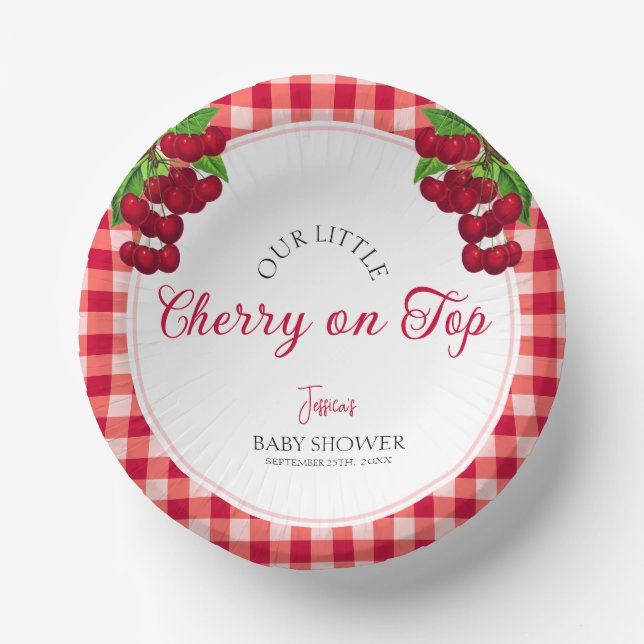 Cherry on top Fall Gingham Plaid Baby Shower  Paper Plate (Front)