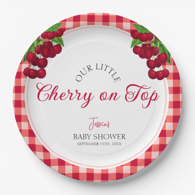 Cherry on top Fall Gingham Plaid Baby Shower  Paper Plate (Front)