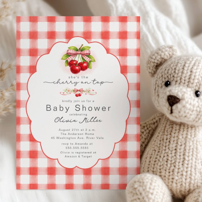 Cherry on Top Gingham Baby Shower Invitation (Creator Uploaded)