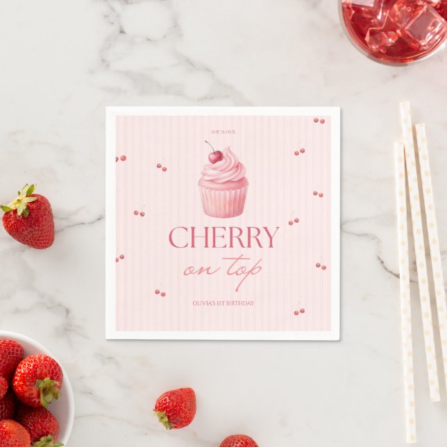 Cherry on top girl 1st birthday napkin (Insitu)