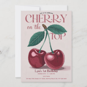 Cherry on Top Girl 1st Birthday Party Pink  Invitation
