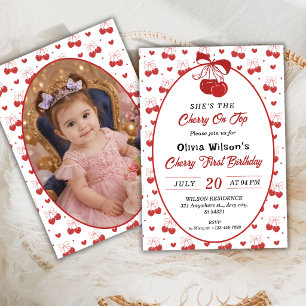 Cherry on Top Girl 1st Birthday with Photo Invitation