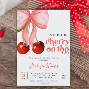 Cherry On Top Girl Baby Shower Invitation Pink Bow