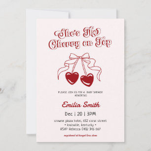 Cherry on Top hand drawn pink & red Baby Shower  Invitation
