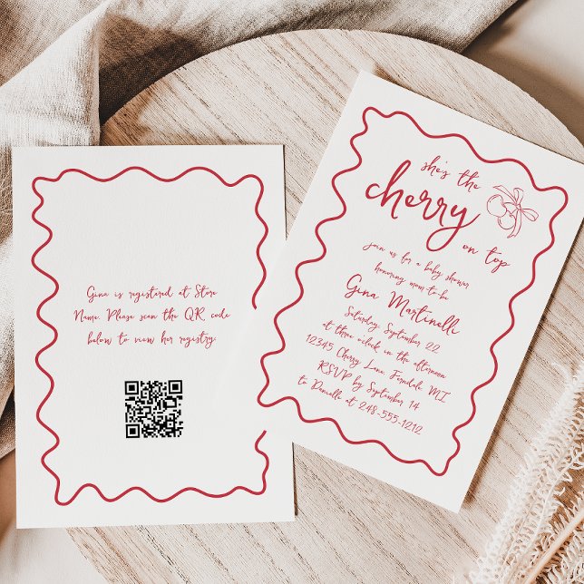 Cherry on Top Handwritten Red Girl Baby Shower Invitation (Creator Uploaded)