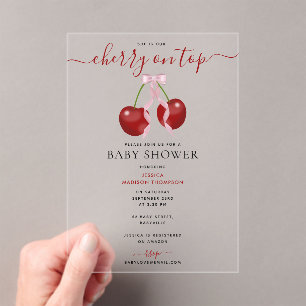 Cherry On Top Modern Baby Shower Pink Bow Girl Acrylic Invitations