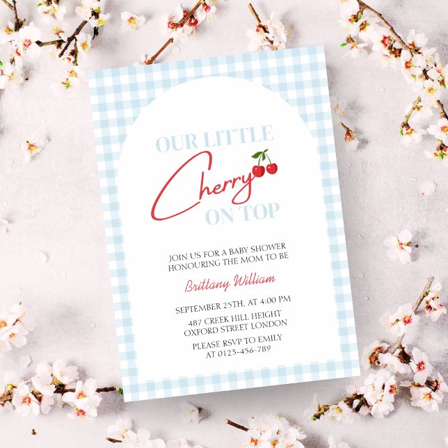 Cherry on Top Modern Chequered Baby Shower  Invitation (Our Little Cherry on Too Baby Shower Invitation )