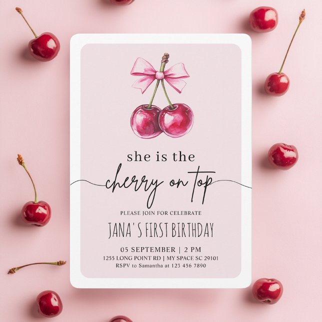 Cherry on Top Pink Birthday Party Invitation (Creator Uploaded)