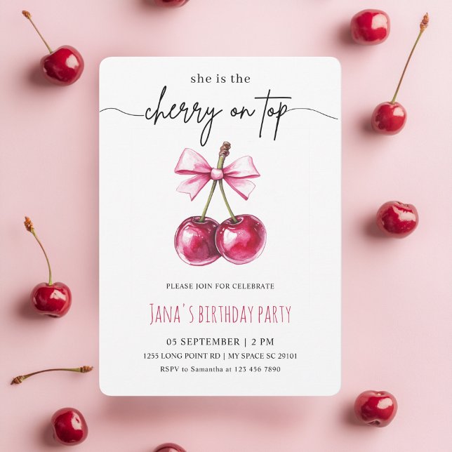 Cherry on Top Pink Birthday Party Invitation (Creator Uploaded)